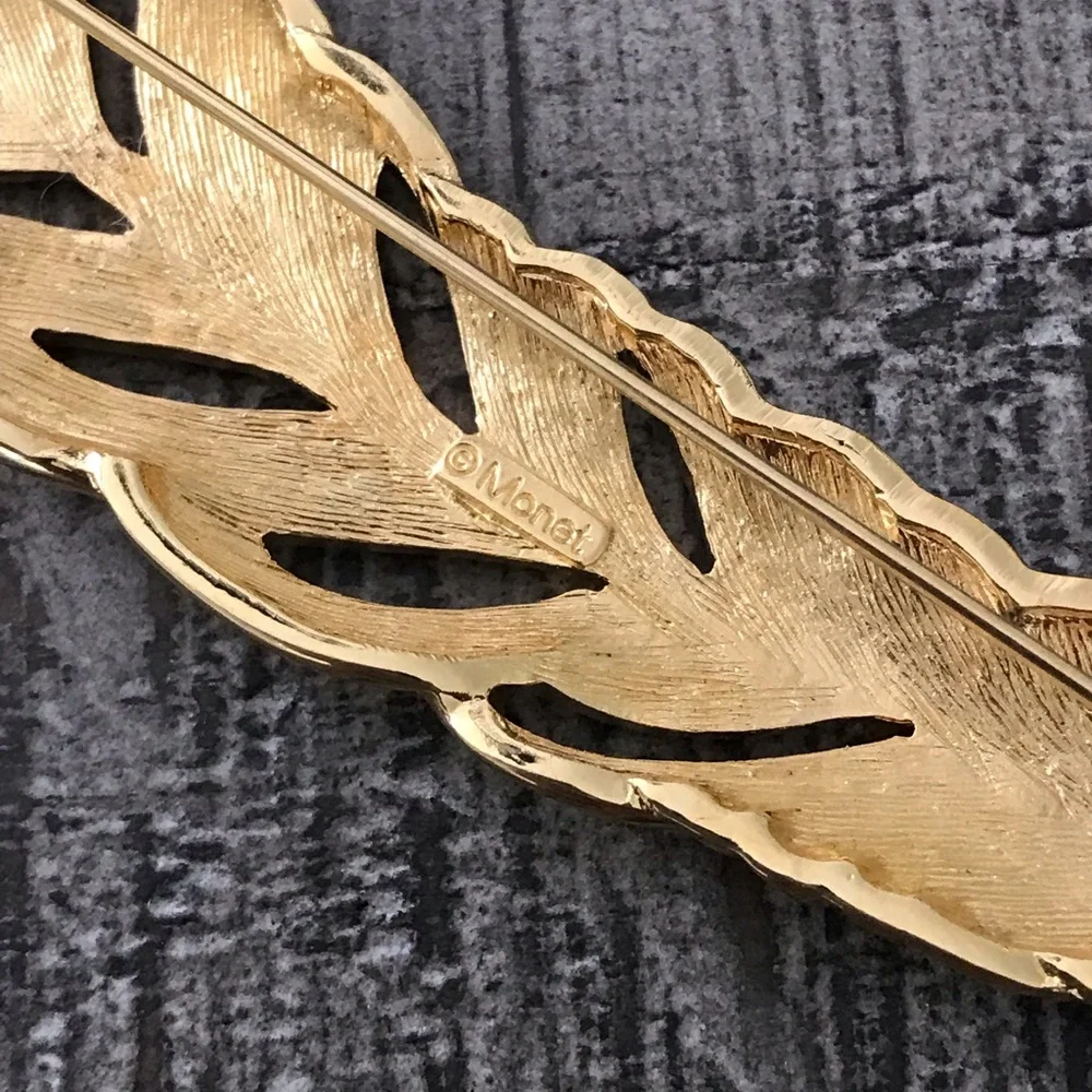 Monet Gold Tone Feather Brooch Pin Vintage